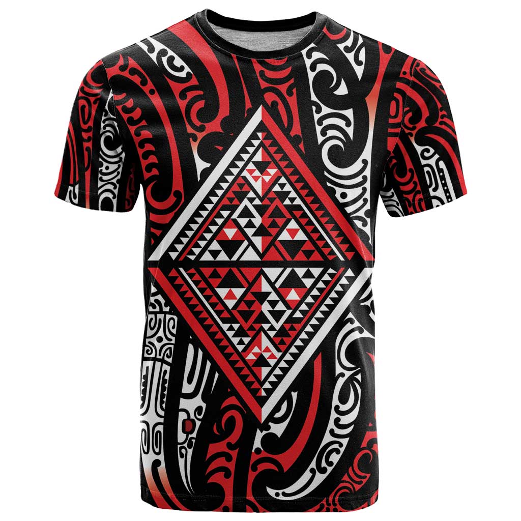 New Zealand Maori Taniko T Shirt Red Kowhaiwhai Puhoro LT9 Red - Polynesian Pride