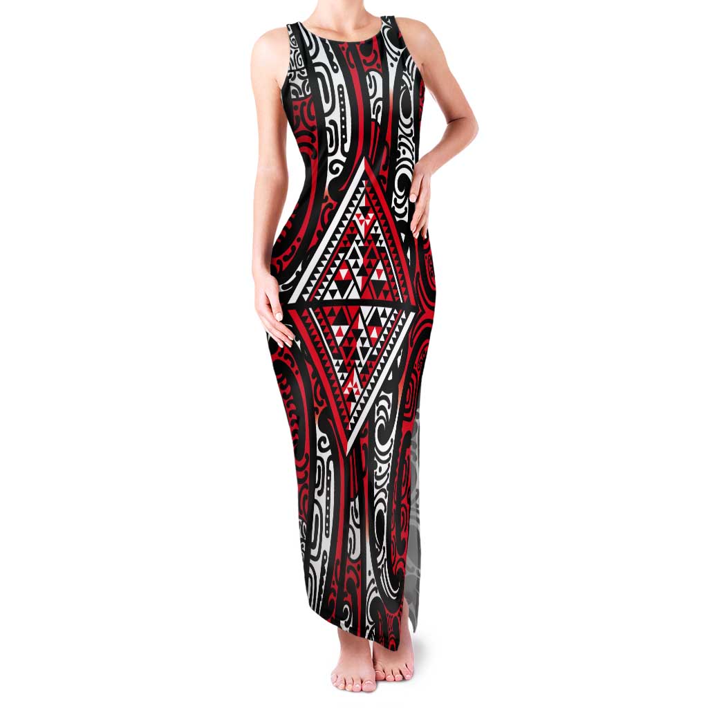 New Zealand Maori Taniko Tank Maxi Dress Red Kowhaiwhai Puhoro LT9 Women Red - Polynesian Pride