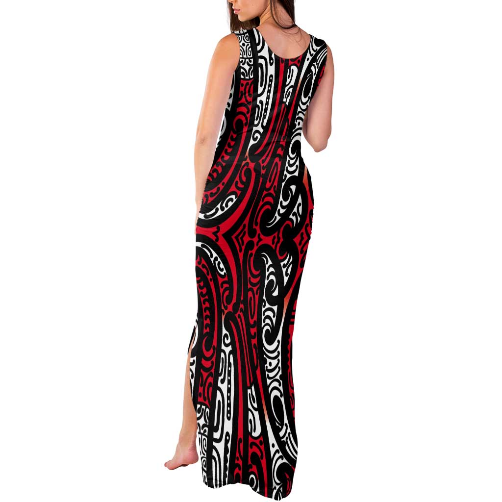 New Zealand Maori Taniko Tank Maxi Dress Red Kowhaiwhai Puhoro LT9 - Polynesian Pride