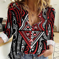 New Zealand Maori Taniko Women Casual Shirt Red Kowhaiwhai Puhoro