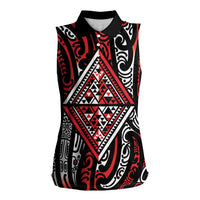 New Zealand Maori Taniko Women Sleeveless Polo Shirt Red Kowhaiwhai Puhoro LT9 Female Red - Polynesian Pride