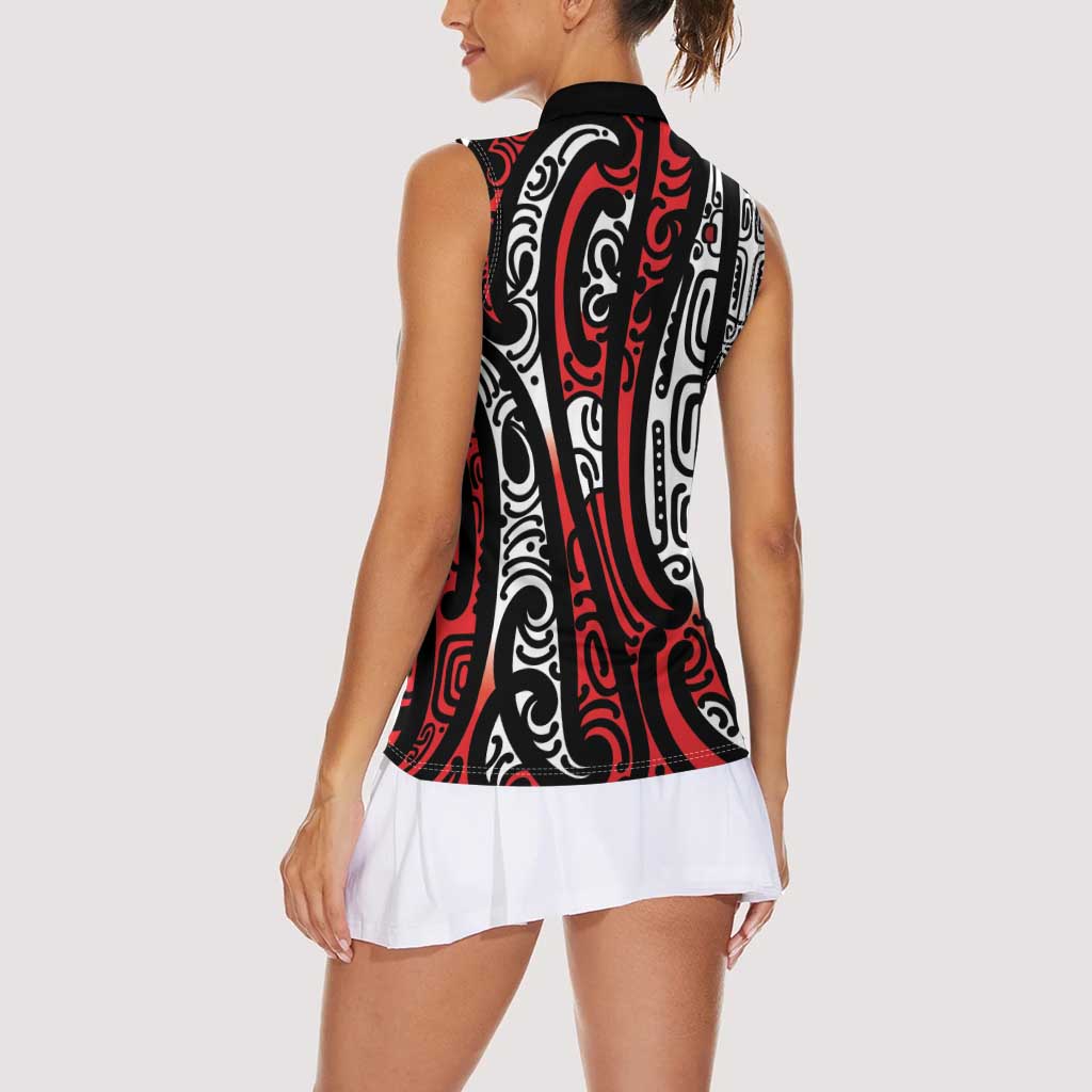 New Zealand Maori Taniko Women Sleeveless Polo Shirt Red Kowhaiwhai Puhoro LT9 - Polynesian Pride