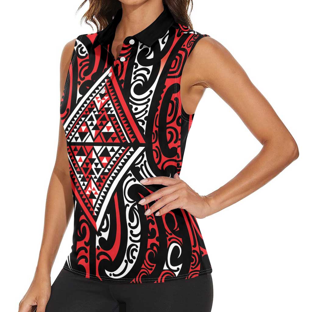 New Zealand Maori Taniko Women Sleeveless Polo Shirt Red Kowhaiwhai Puhoro LT9 - Polynesian Pride