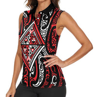 New Zealand Maori Taniko Women Sleeveless Polo Shirt Red Kowhaiwhai Puhoro LT9 - Polynesian Pride