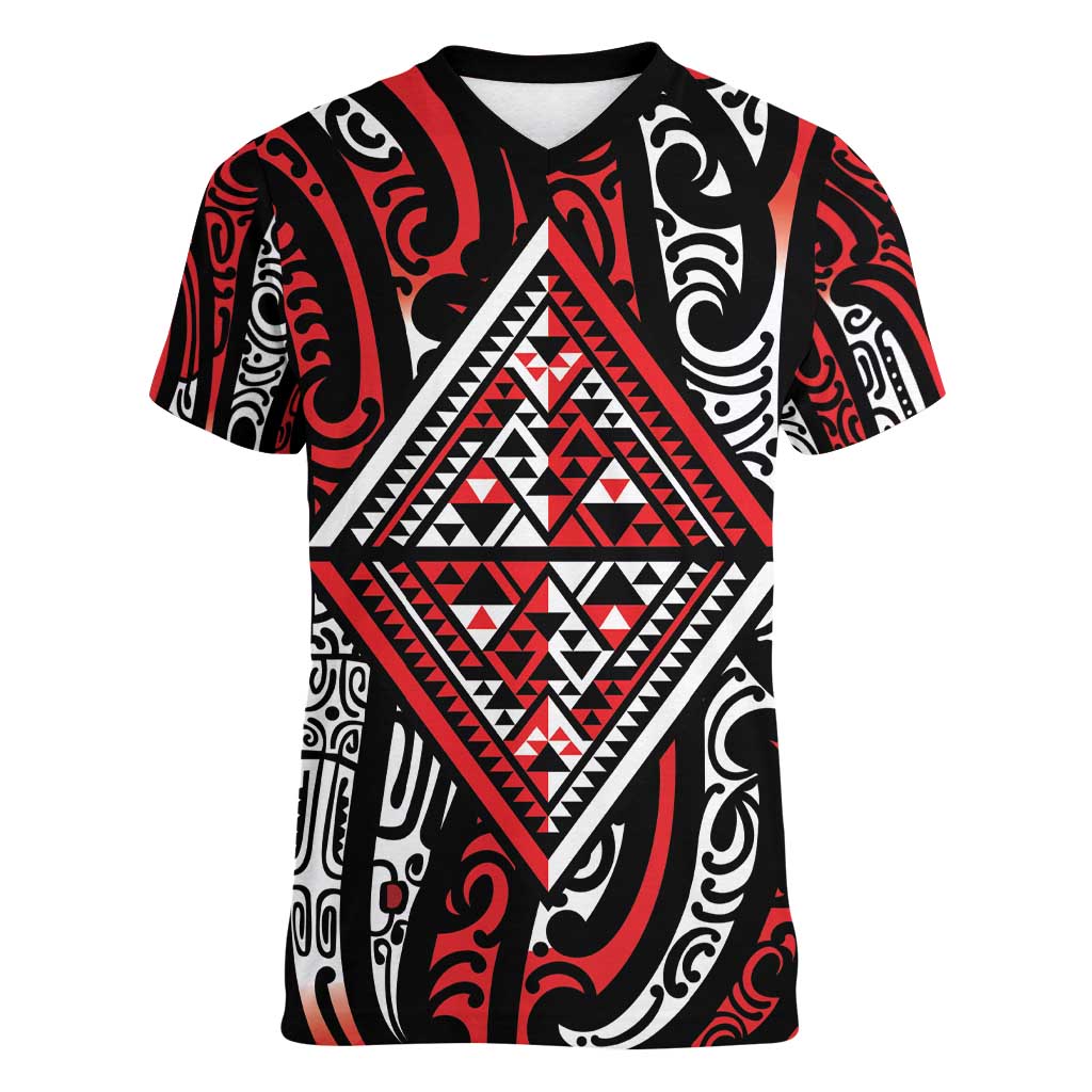 New Zealand Maori Taniko Women V-Neck T-Shirt Red Kowhaiwhai Puhoro LT9 Female Red - Polynesian Pride
