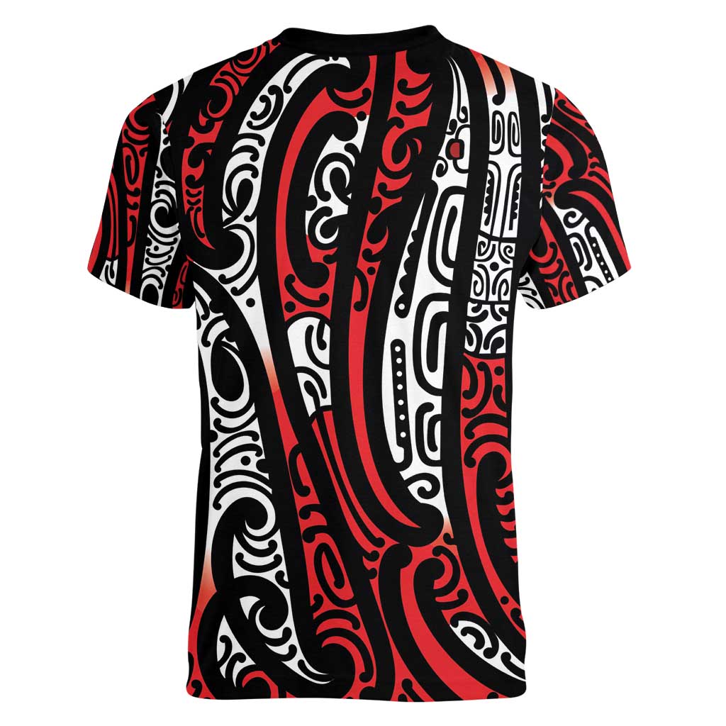 New Zealand Maori Taniko Women V-Neck T-Shirt Red Kowhaiwhai Puhoro LT9 - Polynesian Pride