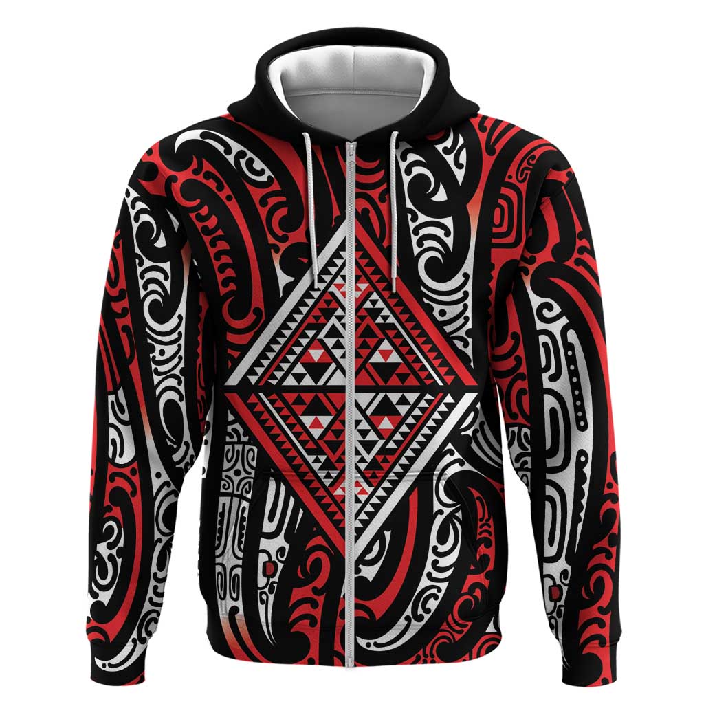 New Zealand Maori Taniko Zip Hoodie Red Kowhaiwhai Puhoro LT9 Zip Hoodie Red - Polynesian Pride