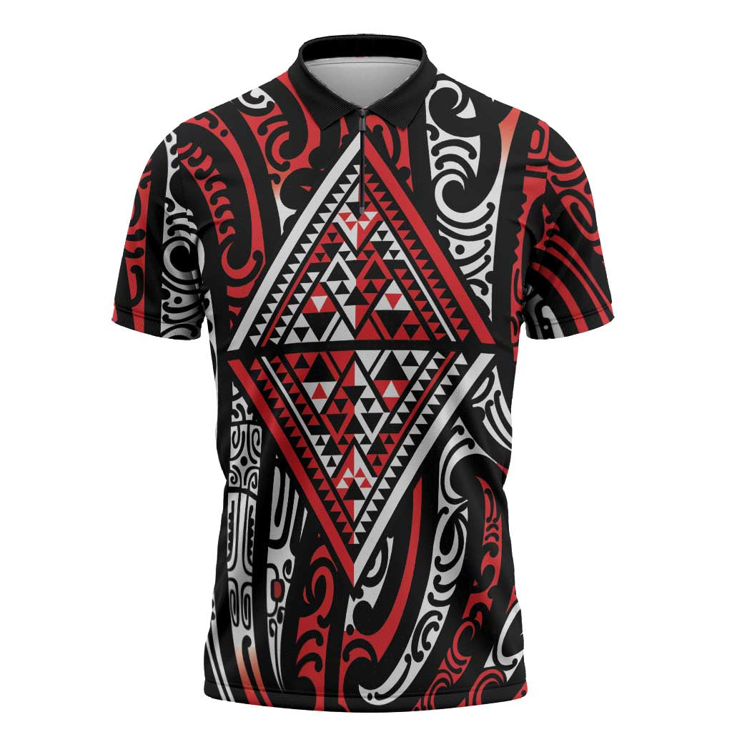New Zealand Maori Taniko Zipper Polo Shirt Red Kowhaiwhai Puhoro LT9 Red - Polynesian Pride