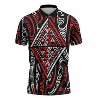New Zealand Maori Taniko Zipper Polo Shirt Red Kowhaiwhai Puhoro LT9 Red - Polynesian Pride