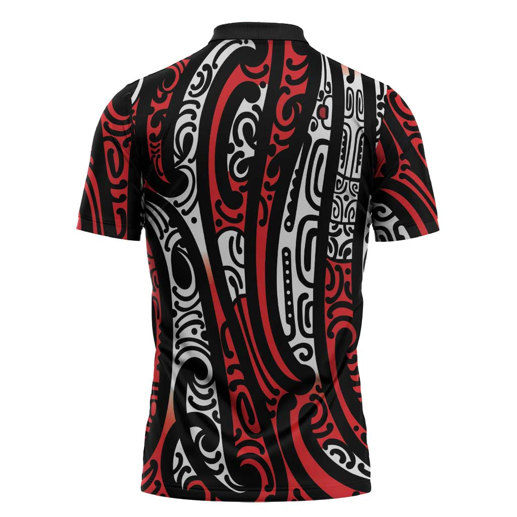New Zealand Maori Taniko Zipper Polo Shirt Red Kowhaiwhai Puhoro LT9 - Polynesian Pride