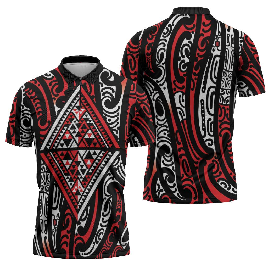 New Zealand Maori Taniko Zipper Polo Shirt Red Kowhaiwhai Puhoro LT9 - Polynesian Pride