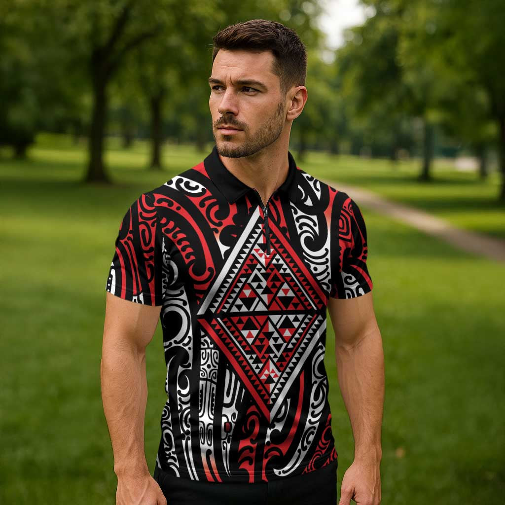 New Zealand Maori Taniko Zipper Polo Shirt Red Kowhaiwhai Puhoro LT9 - Polynesian Pride