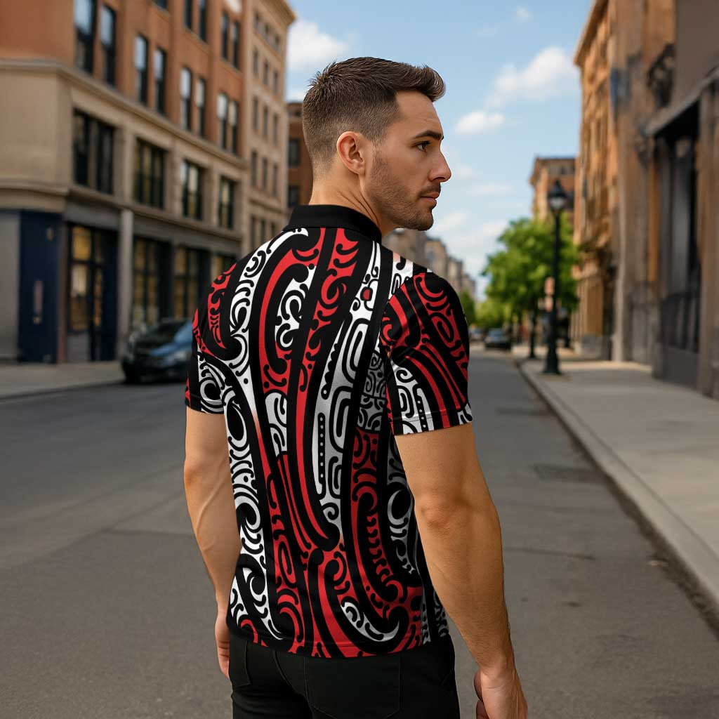 New Zealand Maori Taniko Zipper Polo Shirt Red Kowhaiwhai Puhoro LT9 - Polynesian Pride