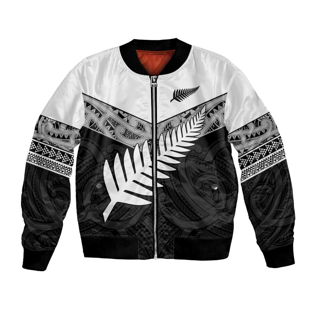 New Zealand Silver Fern Bomber Jacket Maori Koru Mixed Taniko Pattern LT9 Unisex White - Polynesian Pride