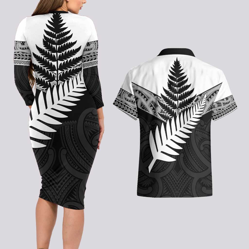 New Zealand Silver Fern Couples Matching Long Sleeve Bodycon Dress and Hawaiian Shirt Maori Koru Mixed Taniko Pattern LT9 - Polynesian Pride