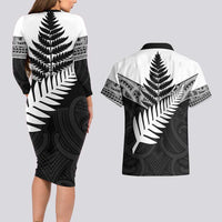 New Zealand Silver Fern Couples Matching Long Sleeve Bodycon Dress and Hawaiian Shirt Maori Koru Mixed Taniko Pattern LT9 - Polynesian Pride