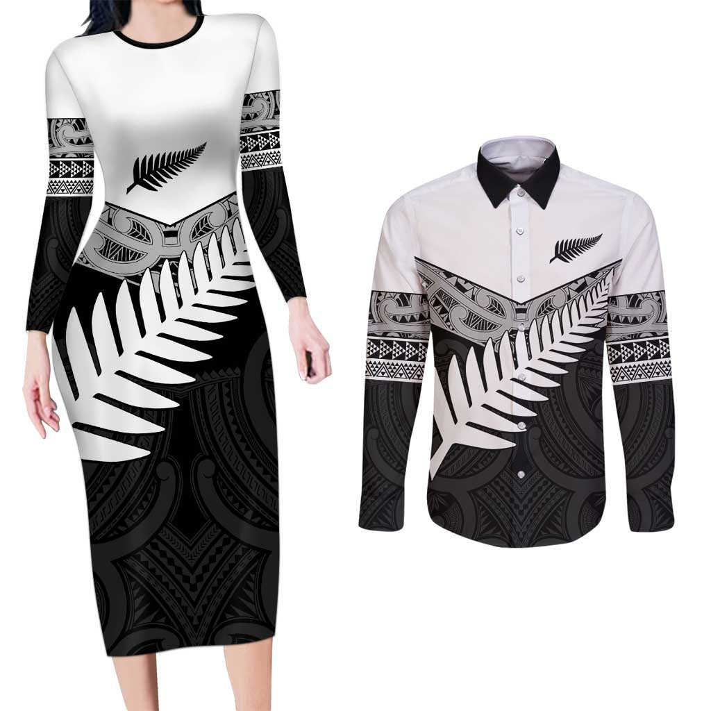 New Zealand Silver Fern Couples Matching Long Sleeve Bodycon Dress and Long Sleeve Button Shirt Maori Koru Mixed Taniko Pattern LT9 White - Polynesian Pride