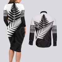 New Zealand Silver Fern Couples Matching Long Sleeve Bodycon Dress and Long Sleeve Button Shirt Maori Koru Mixed Taniko Pattern LT9 - Polynesian Pride