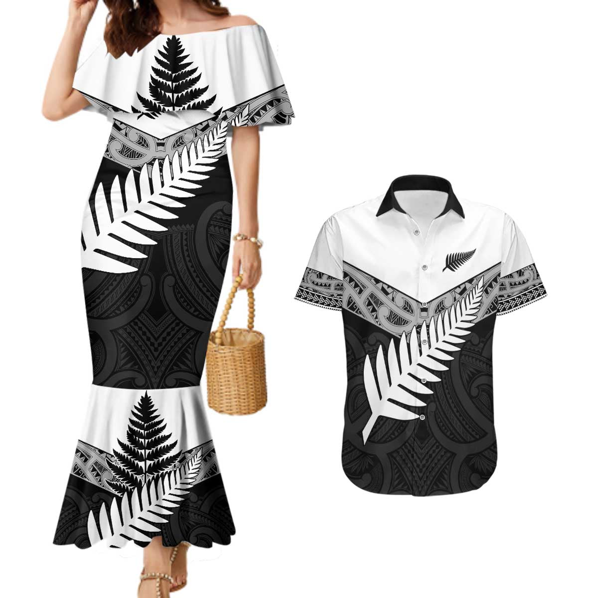New Zealand Silver Fern Couples Matching Mermaid Dress and Hawaiian Shirt Maori Koru Mixed Taniko Pattern LT9 White - Polynesian Pride