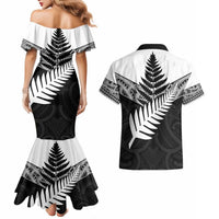 New Zealand Silver Fern Couples Matching Mermaid Dress and Hawaiian Shirt Maori Koru Mixed Taniko Pattern LT9 - Polynesian Pride