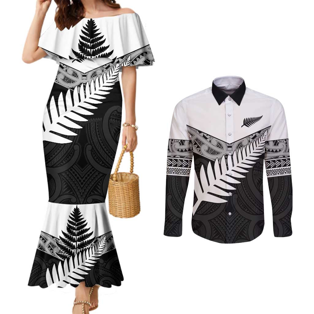 New Zealand Silver Fern Couples Matching Mermaid Dress and Long Sleeve Button Shirt Maori Koru Mixed Taniko Pattern LT9 White - Polynesian Pride