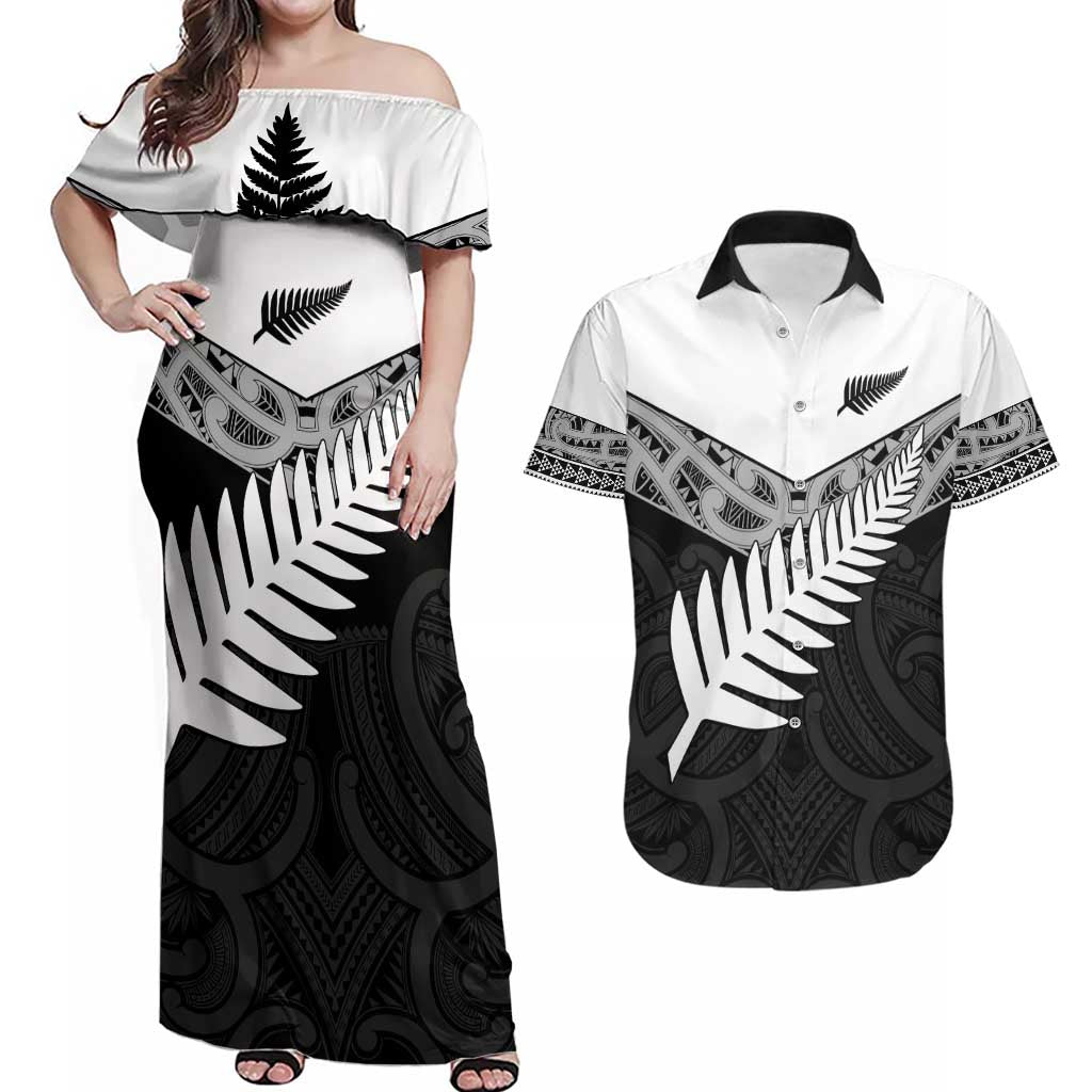 New Zealand Silver Fern Couples Matching Off Shoulder Maxi Dress and Hawaiian Shirt Maori Koru Mixed Taniko Pattern LT9 White - Polynesian Pride