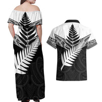 New Zealand Silver Fern Couples Matching Off Shoulder Maxi Dress and Hawaiian Shirt Maori Koru Mixed Taniko Pattern LT9 - Polynesian Pride