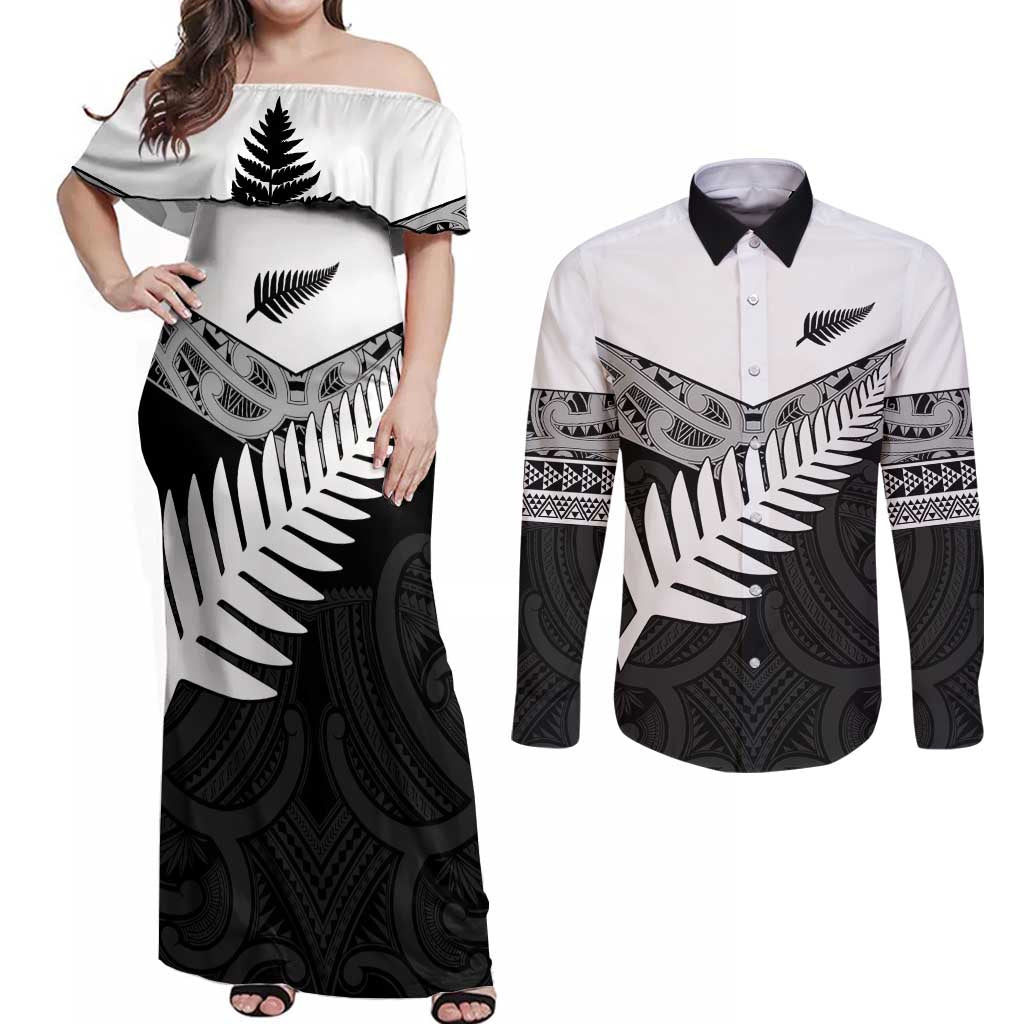 New Zealand Silver Fern Couples Matching Off Shoulder Maxi Dress and Long Sleeve Button Shirt Maori Koru Mixed Taniko Pattern LT9 White - Polynesian Pride