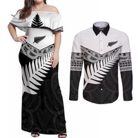 New Zealand Silver Fern Couples Matching Off Shoulder Maxi Dress and Long Sleeve Button Shirt Maori Koru Mixed Taniko Pattern LT9 White - Polynesian Pride