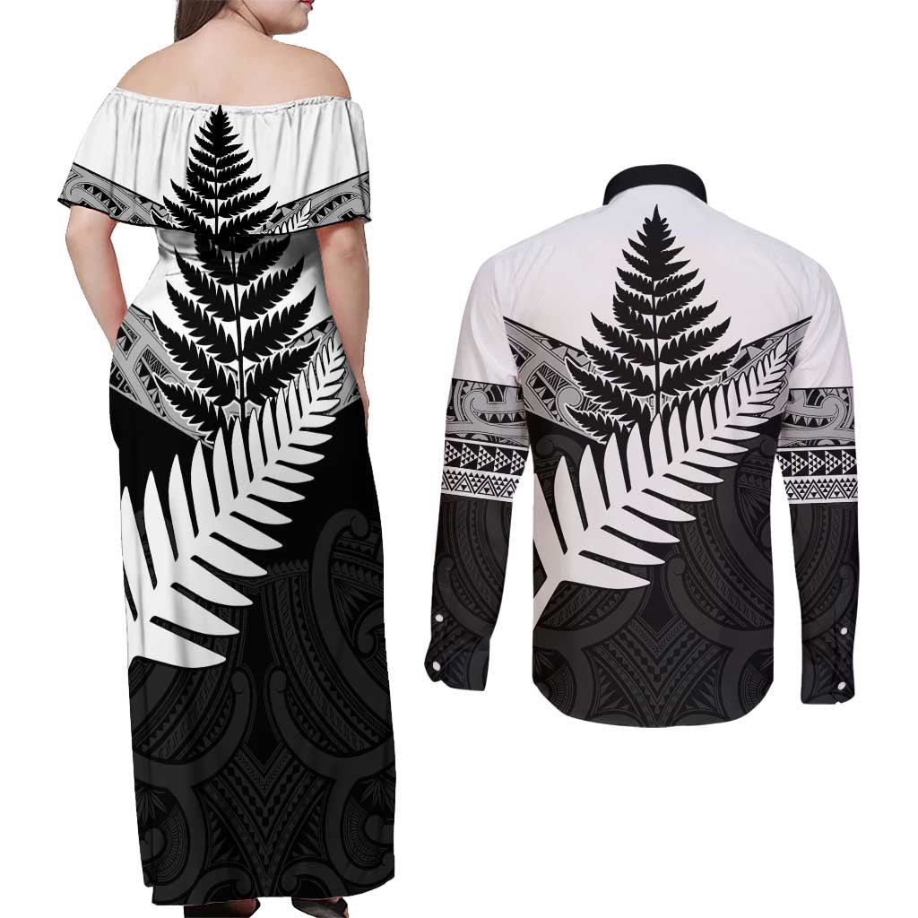 New Zealand Silver Fern Couples Matching Off Shoulder Maxi Dress and Long Sleeve Button Shirt Maori Koru Mixed Taniko Pattern LT9 - Polynesian Pride