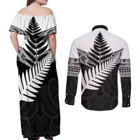 New Zealand Silver Fern Couples Matching Off Shoulder Maxi Dress and Long Sleeve Button Shirt Maori Koru Mixed Taniko Pattern LT9 - Polynesian Pride
