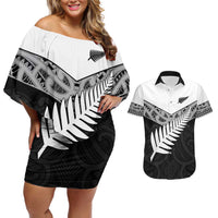 New Zealand Silver Fern Couples Matching Off Shoulder Short Dress and Hawaiian Shirt Maori Koru Mixed Taniko Pattern LT9 White - Polynesian Pride