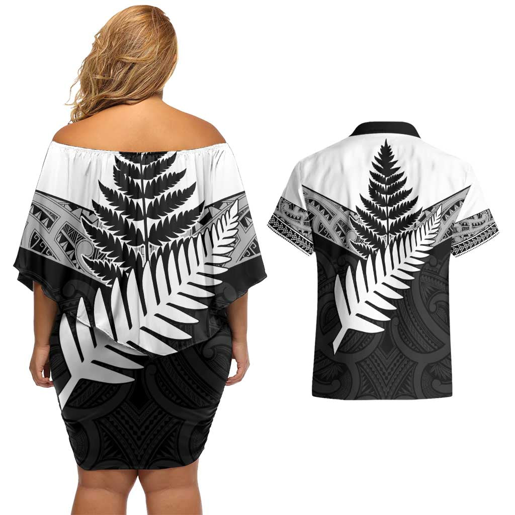 New Zealand Silver Fern Couples Matching Off Shoulder Short Dress and Hawaiian Shirt Maori Koru Mixed Taniko Pattern LT9 - Polynesian Pride