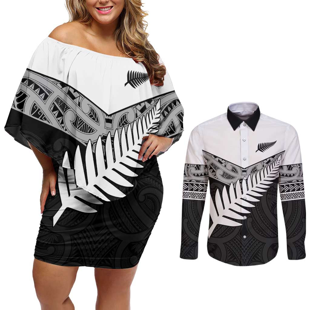 New Zealand Silver Fern Couples Matching Off Shoulder Short Dress and Long Sleeve Button Shirt Maori Koru Mixed Taniko Pattern LT9 White - Polynesian Pride