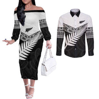 New Zealand Silver Fern Couples Matching Off The Shoulder Long Sleeve Dress and Long Sleeve Button Shirt Maori Koru Mixed Taniko Pattern LT9 White - Polynesian Pride