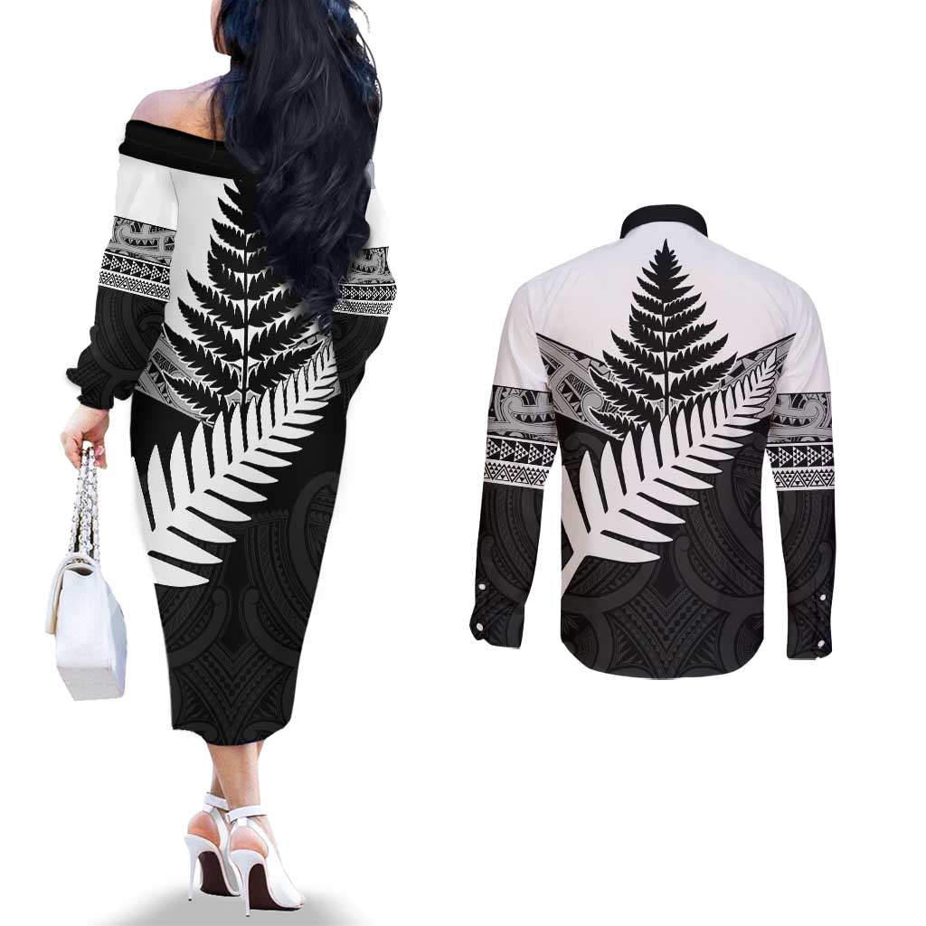 New Zealand Silver Fern Couples Matching Off The Shoulder Long Sleeve Dress and Long Sleeve Button Shirt Maori Koru Mixed Taniko Pattern LT9 - Polynesian Pride