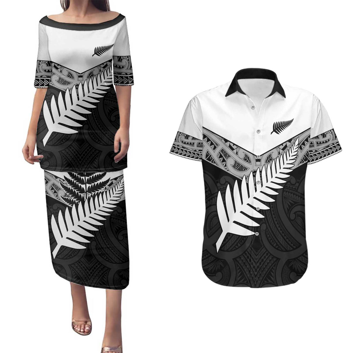 New Zealand Silver Fern Couples Matching Puletasi and Hawaiian Shirt Maori Koru Mixed Taniko Pattern LT9 White - Polynesian Pride