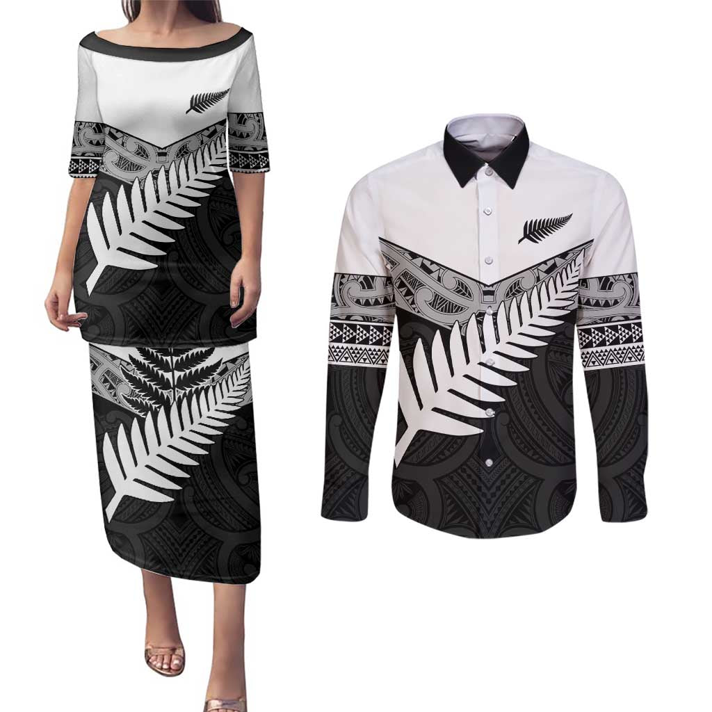 New Zealand Silver Fern Couples Matching Puletasi and Long Sleeve Button Shirt Maori Koru Mixed Taniko Pattern LT9 White - Polynesian Pride