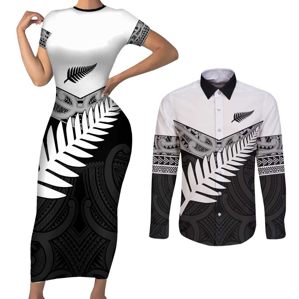 New Zealand Silver Fern Couples Matching Short Sleeve Bodycon Dress and Long Sleeve Button Shirt Maori Koru Mixed Taniko Pattern LT9 White - Polynesian Pride