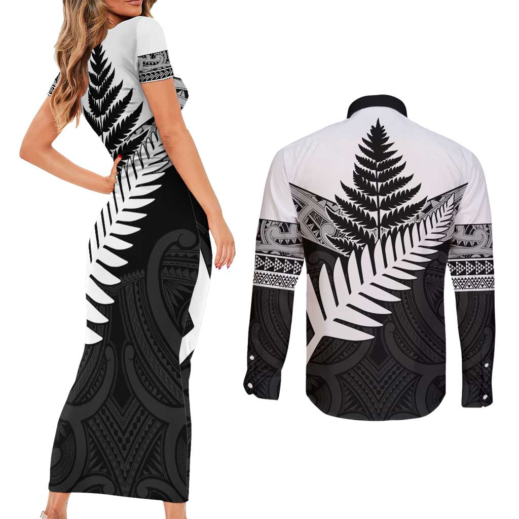 New Zealand Silver Fern Couples Matching Short Sleeve Bodycon Dress and Long Sleeve Button Shirt Maori Koru Mixed Taniko Pattern LT9 - Polynesian Pride