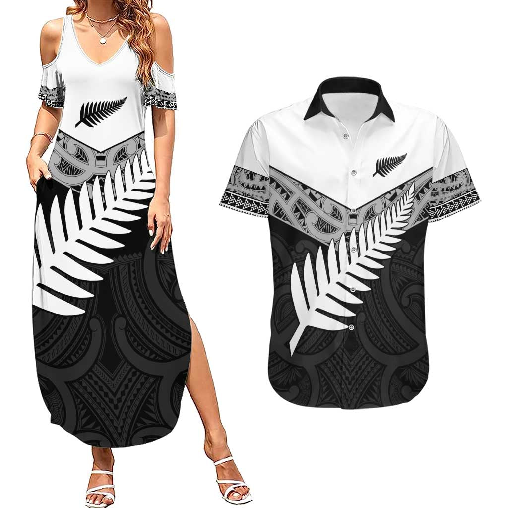 New Zealand Silver Fern Couples Matching Summer Maxi Dress and Hawaiian Shirt Maori Koru Mixed Taniko Pattern LT9 White - Polynesian Pride
