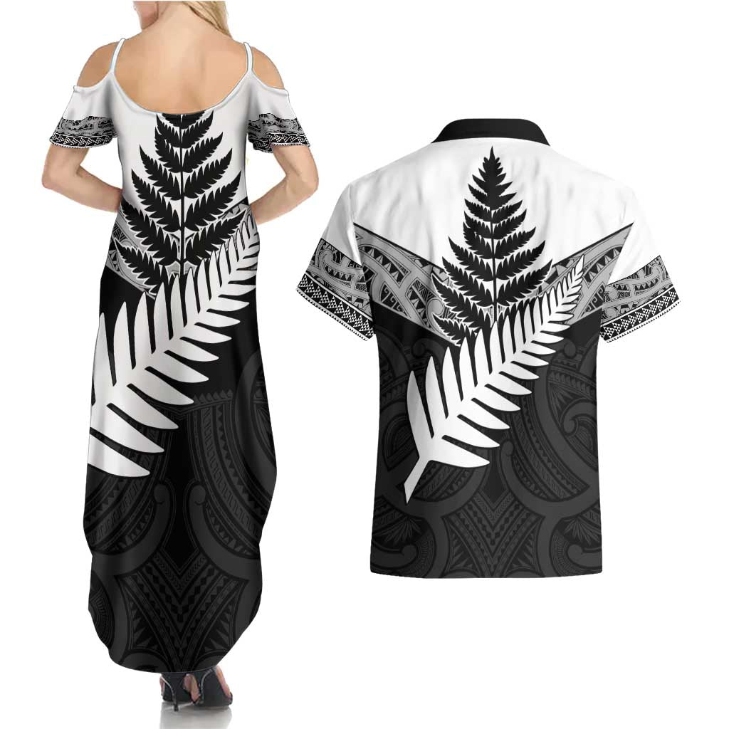 New Zealand Silver Fern Couples Matching Summer Maxi Dress and Hawaiian Shirt Maori Koru Mixed Taniko Pattern LT9 - Polynesian Pride