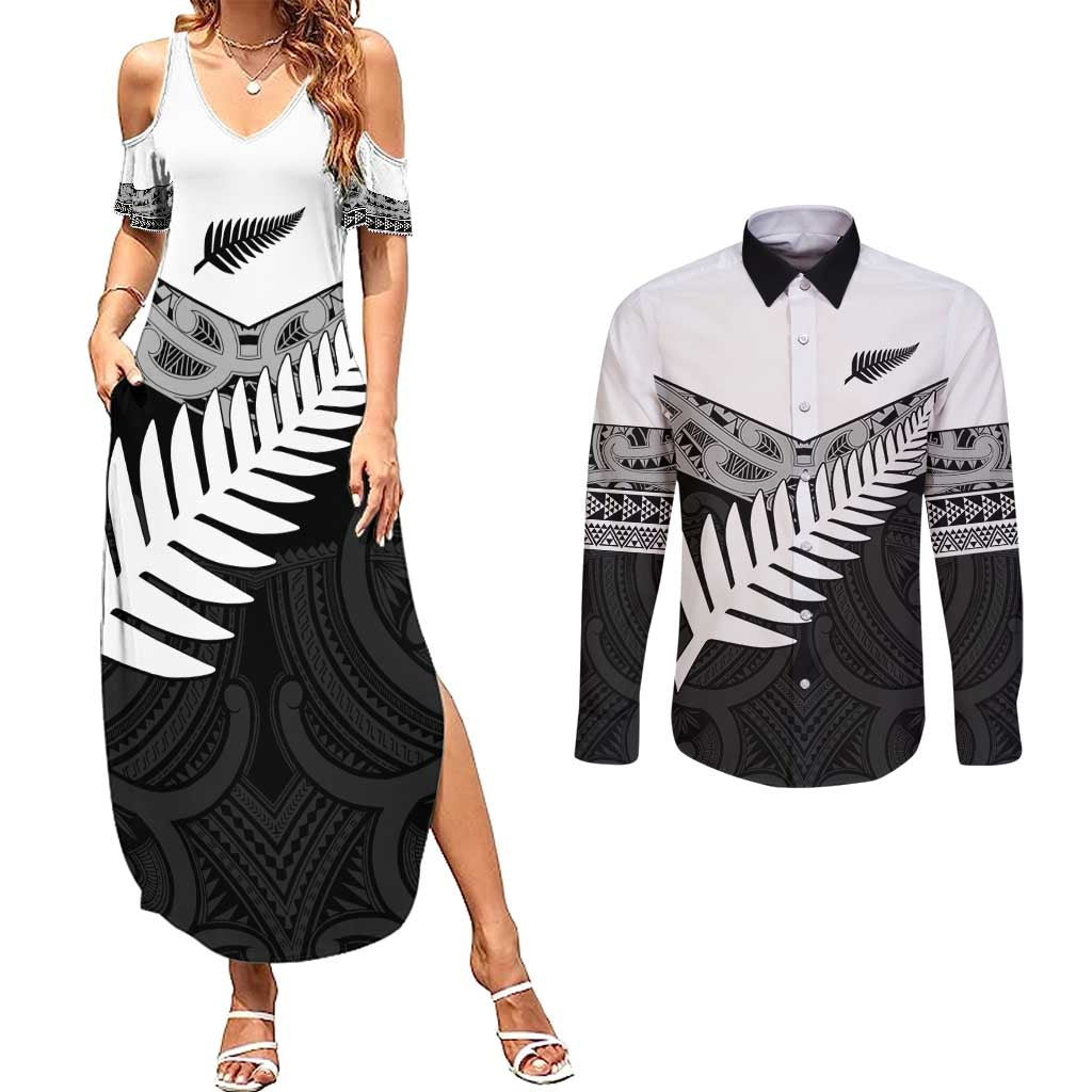 New Zealand Silver Fern Couples Matching Summer Maxi Dress and Long Sleeve Button Shirt Maori Koru Mixed Taniko Pattern LT9 White - Polynesian Pride