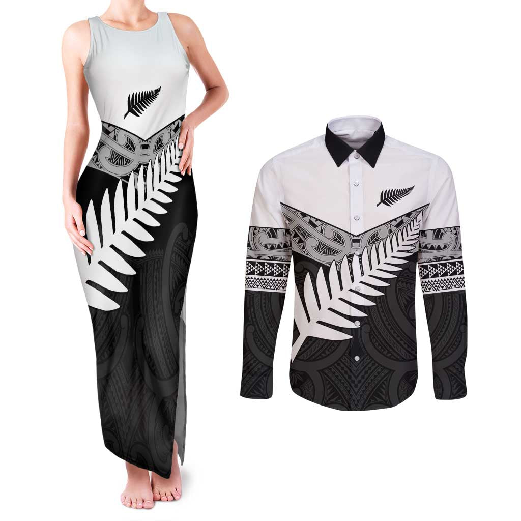 New Zealand Silver Fern Couples Matching Tank Maxi Dress and Long Sleeve Button Shirt Maori Koru Mixed Taniko Pattern LT9 White - Polynesian Pride