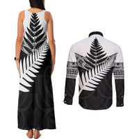 New Zealand Silver Fern Couples Matching Tank Maxi Dress and Long Sleeve Button Shirt Maori Koru Mixed Taniko Pattern LT9 - Polynesian Pride