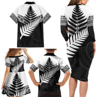 New Zealand Silver Fern Family Matching Long Sleeve Bodycon Dress and Hawaiian Shirt Maori Koru Mixed Taniko Pattern LT9 - Polynesian Pride