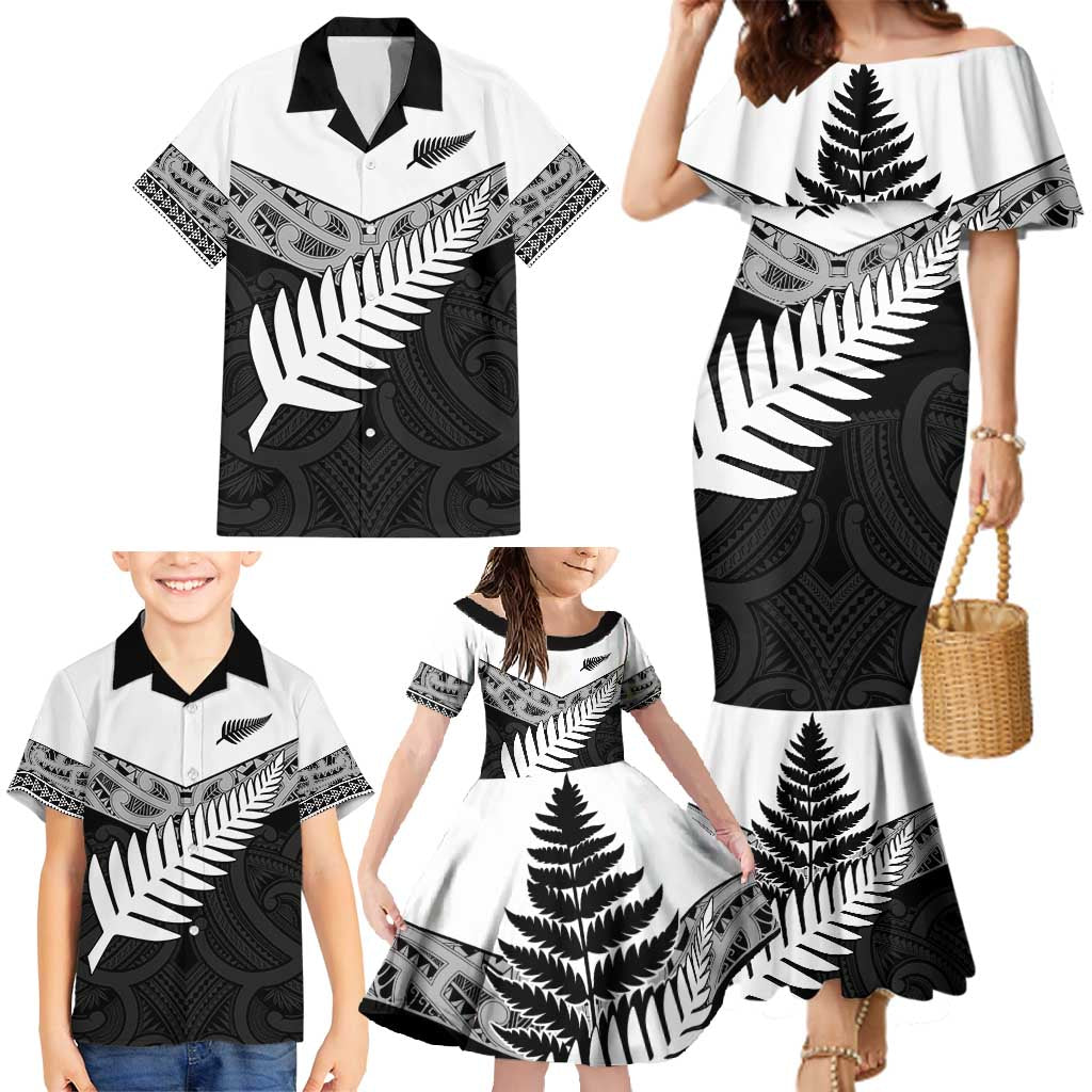 New Zealand Silver Fern Family Matching Mermaid Dress and Hawaiian Shirt Maori Koru Mixed Taniko Pattern LT9 - Polynesian Pride