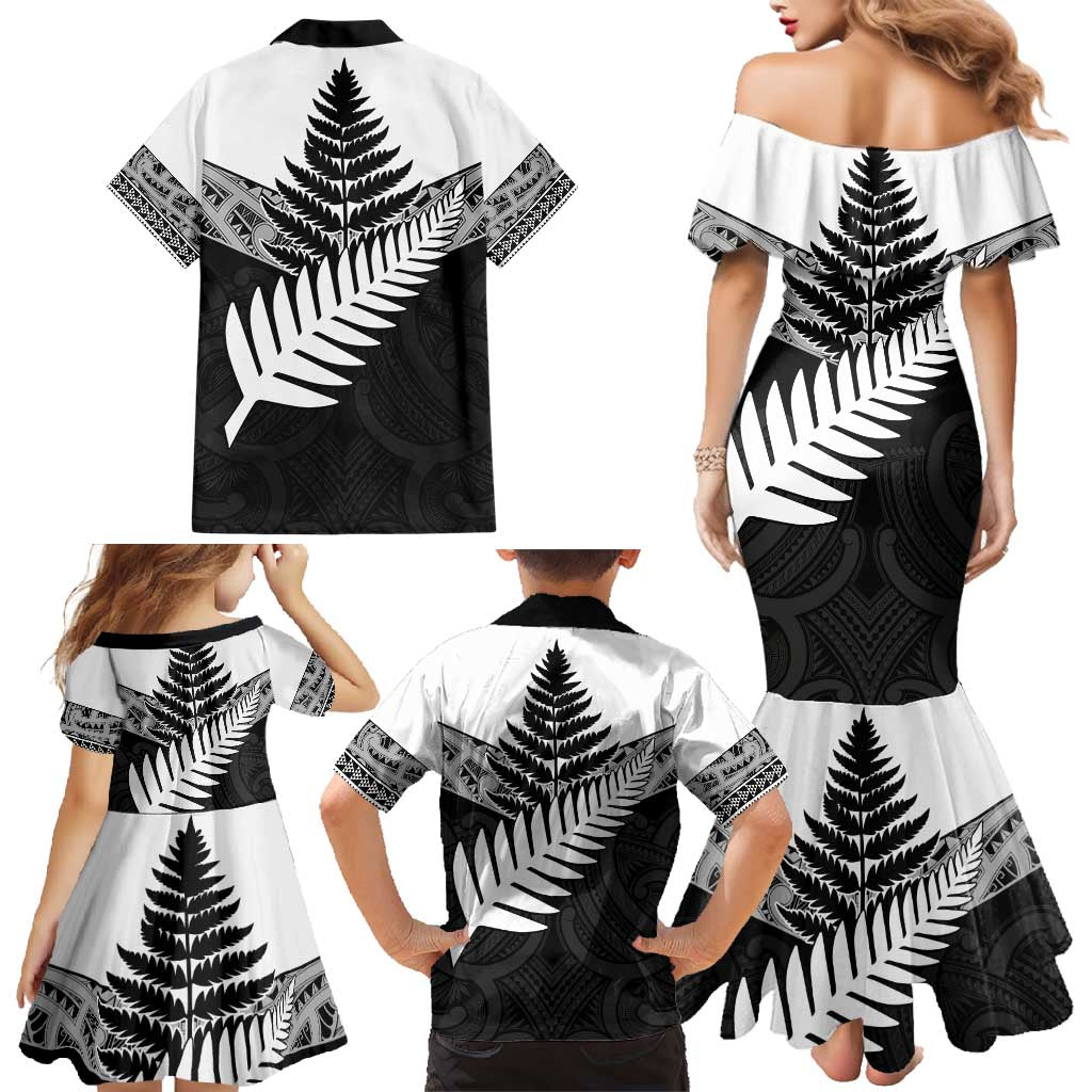 New Zealand Silver Fern Family Matching Mermaid Dress and Hawaiian Shirt Maori Koru Mixed Taniko Pattern LT9 - Polynesian Pride