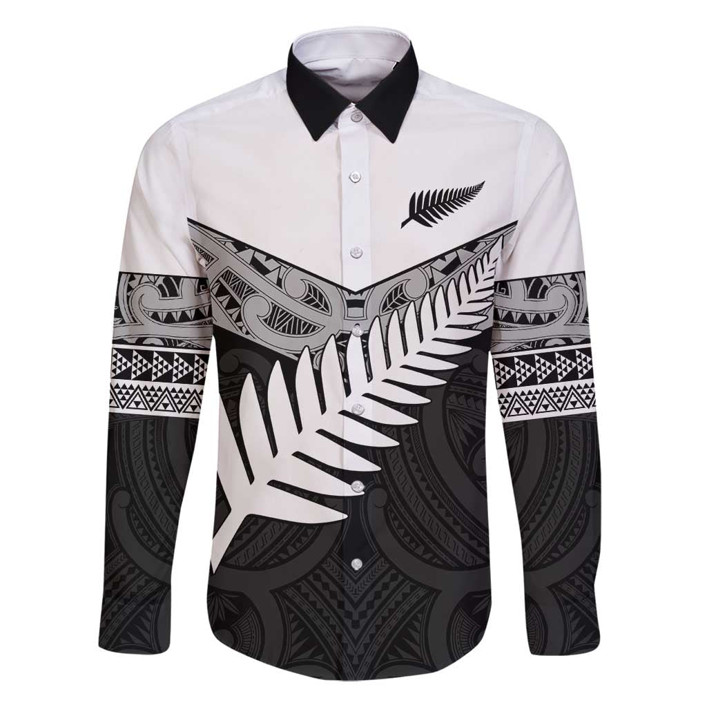 New Zealand Silver Fern Family Matching Mermaid Dress and Hawaiian Shirt Maori Koru Mixed Taniko Pattern LT9 Dad's Shirt - Long Sleeve White - Polynesian Pride