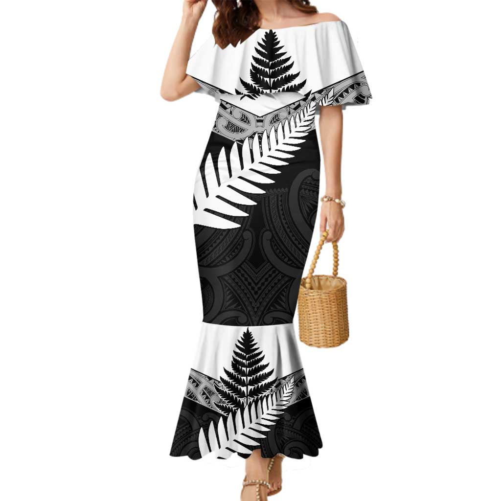 New Zealand Silver Fern Family Matching Mermaid Dress and Hawaiian Shirt Maori Koru Mixed Taniko Pattern LT9 Mom's Dress White - Polynesian Pride